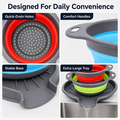 Collapsible Colander Set of 3 – Space-Saving Strainers with Draining Base