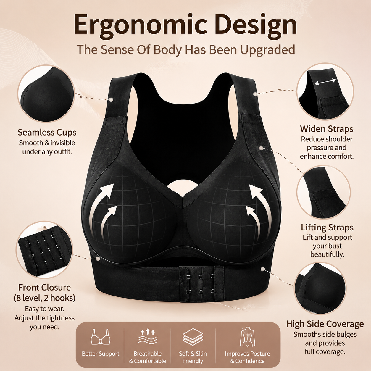 Cross Back Front Closure Wireless Posture Support Bra