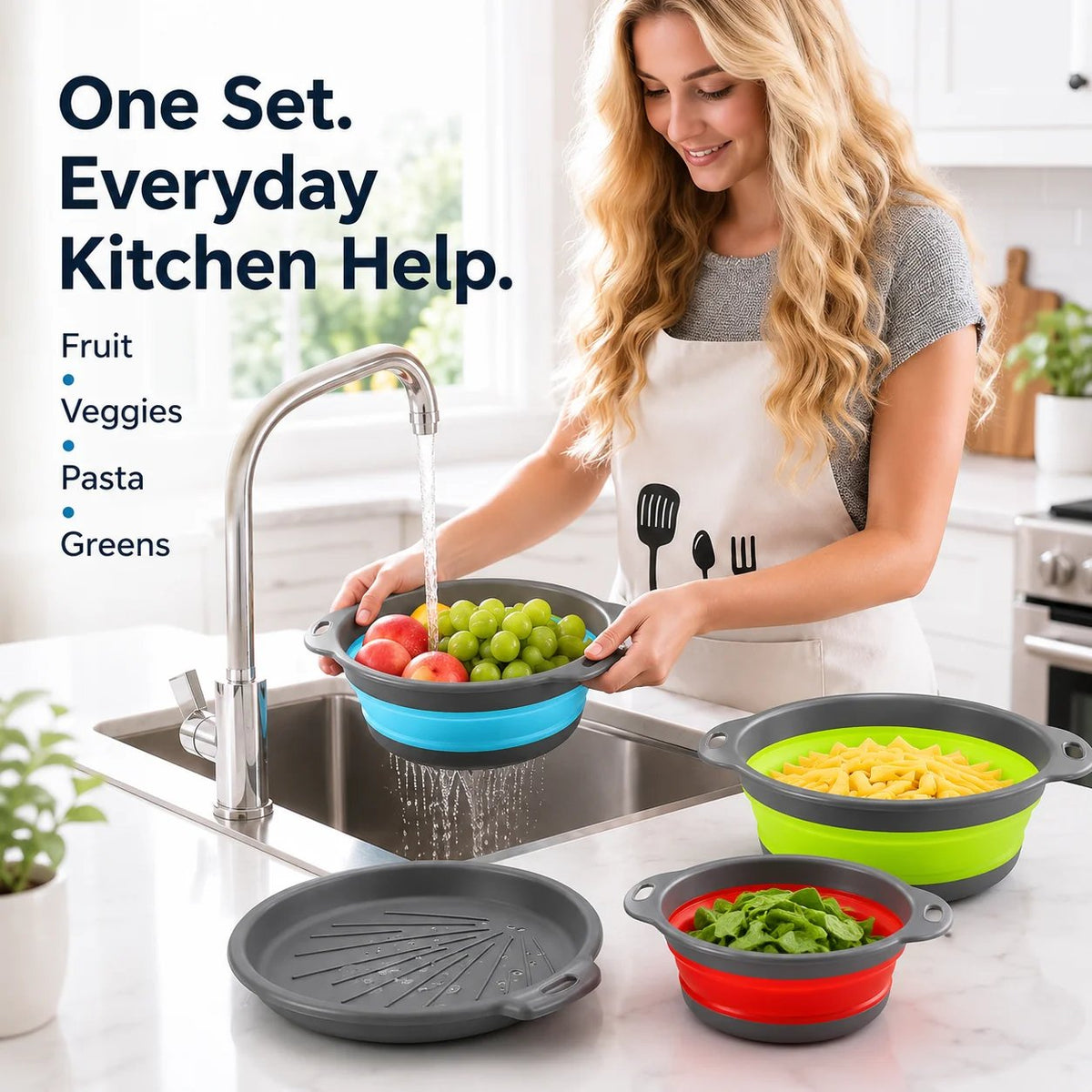 Collapsible Colander Set of 3 – Space-Saving Strainers with Draining Base