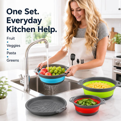 Collapsible Colander Set of 3 – Space-Saving Strainers with Draining Base