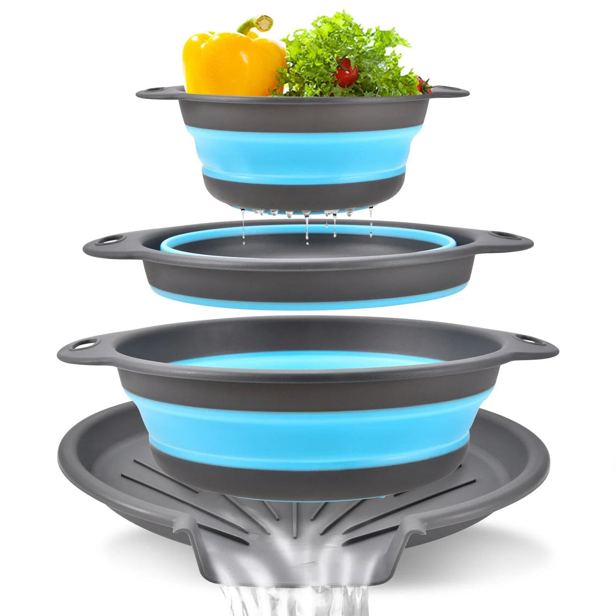 Collapsible Colander Set of 3 – Space-Saving Strainers with Draining Base