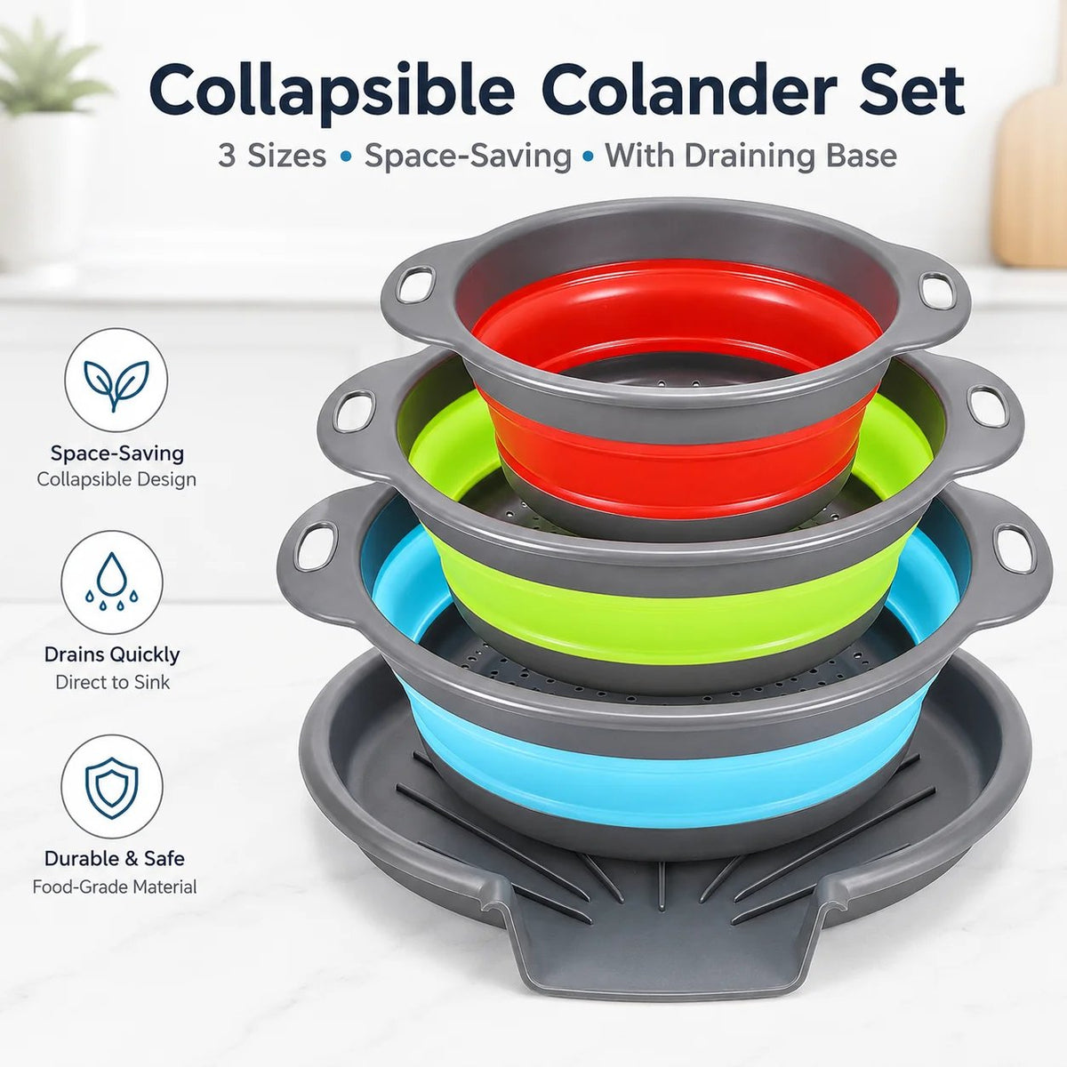 Collapsible Colander Set of 3 – Space-Saving Strainers with Draining Base