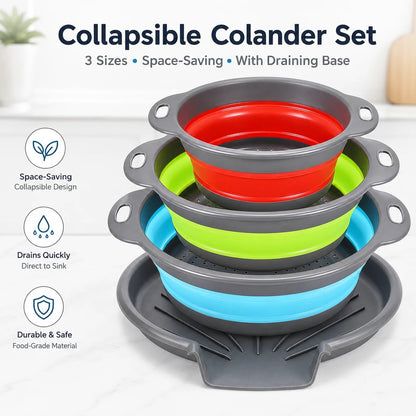 Collapsible Colander Set of 3 – Space-Saving Strainers with Draining Base