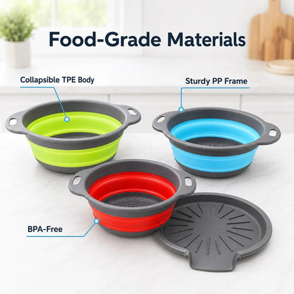 Collapsible Colander Set of 3 – Space-Saving Strainers with Draining Base