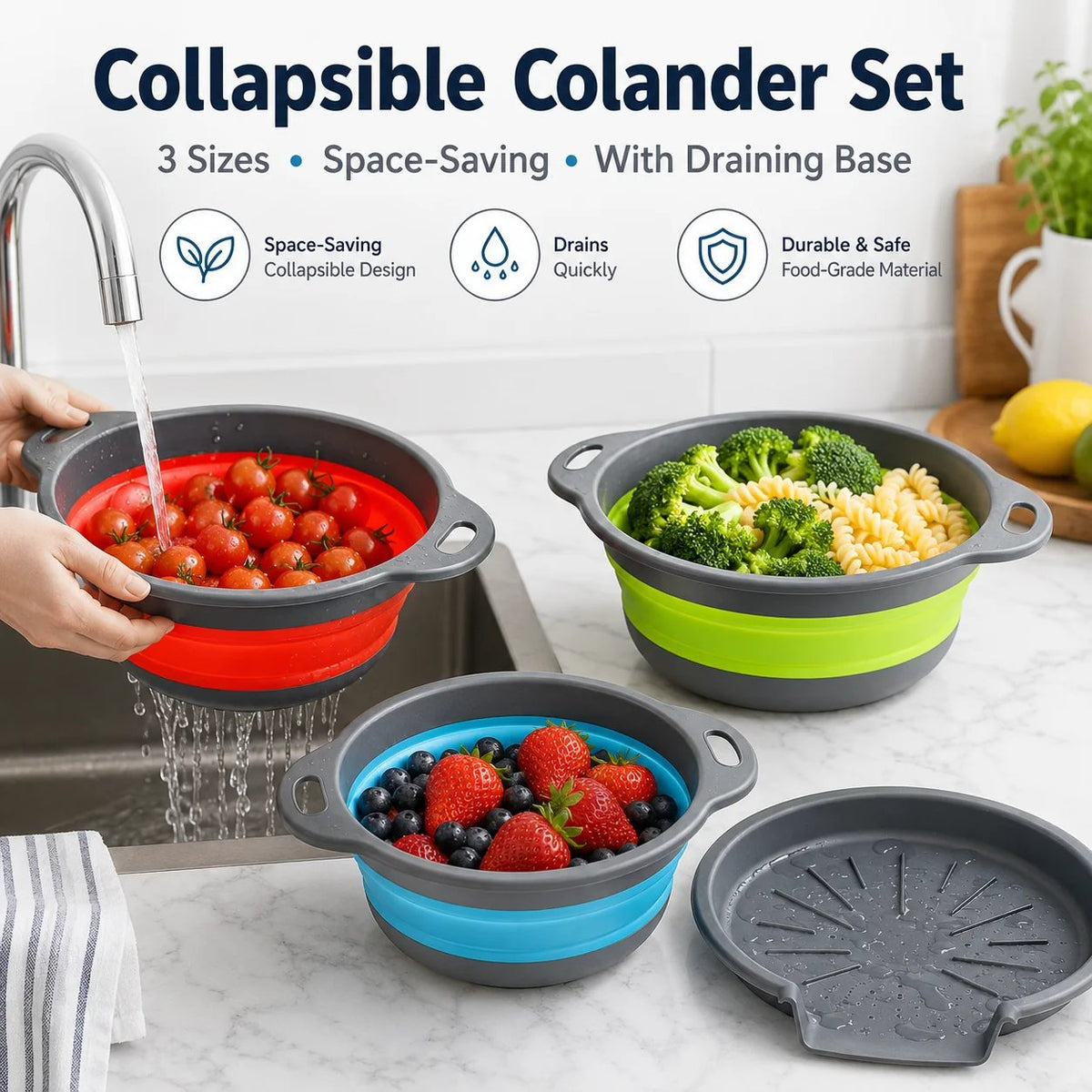Collapsible Colander Set of 3 – Space-Saving Strainers with Draining Base