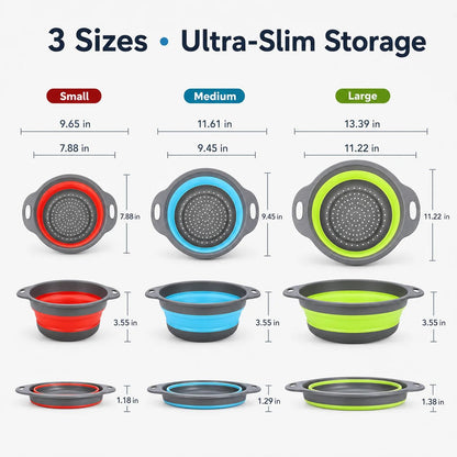 Collapsible Colander Set of 3 – Space-Saving Strainers with Draining Base